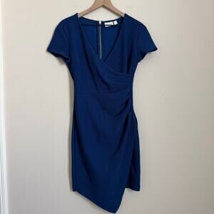 Vintage Bisou Bisou Womens Blue V-Neck Faux Wrap Midi Dress Size 4 Short Sleeve